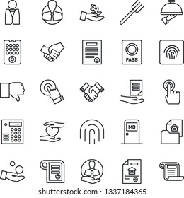 Thin Line Icon Set - passport vector, medical room, document, farm fork, heart hand, client, touch screen, finger down, fingerprint id, handshake, contract, estate, waiter, remote control