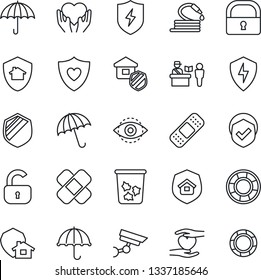 Thin Line Icon Set - Passport Control Vector, Umbrella, Trash Bin, Hose, Patch, Heart Shield, Hand, Protect, Lock, Eye Id, Estate Insurance, Home, Surveillance, Crisis Management