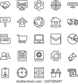 Thin Line Icon Set - passport vector, identity card, statistic monitor, plant label, clipboard, warehouse storage, oil barrel, network, laptop pc, group, settings, mail, clock, pie graph, news, cart