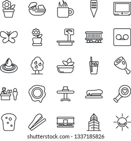 Thin Line Icon Set - passport control vector, stamp, flower in pot, butterfly, plant label, heart diagnostic, railroad, heavy scales, tv, record, office building, stapler, fruit tree, phyto bar, ham