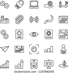 Thin Line Icon Set - passport vector, stamp, gear, growth statistic, sickle, eye, route, laptop pc, speaker, calendar, presentation board, paper clip, bar graph, office phone, wireless, scan, plane