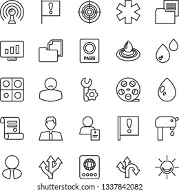 Thin Line Icon Set - passport vector, statistic monitor, contract, water drop, ambulance star, patient, route, important flag, folder document, reel, antenna, application, root setup, target, supply