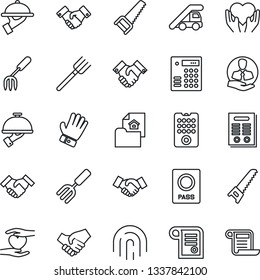 Thin Line Icon Set - passport vector, ladder car, handshake, garden fork, farm, glove, saw, heart hand, client, fingerprint id, contract, estate document, waiter, remote control, combination lock