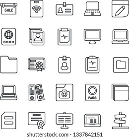 Thin Line Icon Set - passport vector, identity, office binder, notebook pc, document, pulse clipboard, monitor, laptop, folder, notes, photo gallery, presentation board, blank box, sale, pass card