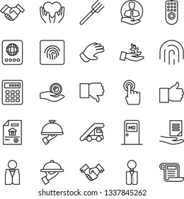 Thin Line Icon Set - passport vector, ladder car, medical room, handshake, document, farm fork, glove, heart hand, client, touch screen, finger up, down, fingerprint id, estate, waiter, palm sproute