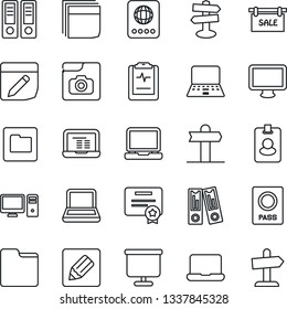 Thin Line Icon Set - passport vector, office binder, notebook pc, pulse clipboard, signpost, monitor, laptop, folder, notes, photo gallery, presentation board, blank box, sale, pass card, guidepost