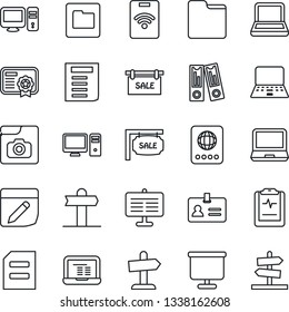Thin Line Icon Set - passport vector, identity, office binder, notebook pc, document, pulse clipboard, signpost, laptop, folder, notes, photo gallery, presentation board, sale, pass card, guidepost