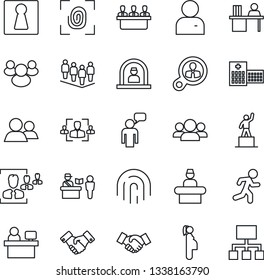 Thin Line Icon Set - passport control vector, female, reception, handshake, speaking man, pedestal, team, manager place, run, hospital, pregnancy, group, user, fingerprint id, hr, desk, meeting