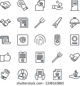 Thin Line Icon Set - passport vector, medical room, handshake, document, farm fork, glove, saw, client, touch screen, finger up, fingerprint id, contract, estate, waiter, remote control, investment
