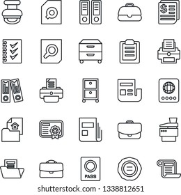 Thin Line Icon Set - passport vector, office binder, document search, stamp, printer, receipt, clipboard, case, news, folder, checklist, archive box, copier, estate, certificate, contract