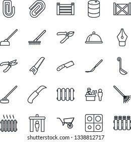 Thin Line Icon Set - passport control vector, security gate, rake, wheelbarrow, pruner, saw, hoe, garden knife, scalpel, container, oil barrel, application, paper clip, ink pen, heater, dish, ladle