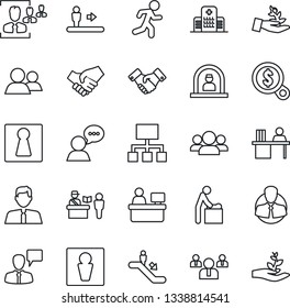Thin Line Icon Set - passport control vector, escalator, male, female, baby room, reception, handshake, speaking man, team, manager place, run, hospital, client, speaker, group, hr, desk, hierarchy