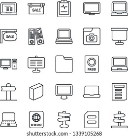 Thin Line Icon Set - passport vector, office binder, notebook pc, document, pulse clipboard, signpost, monitor, laptop, folder, photo gallery, presentation board, blank box, sale, guidepost
