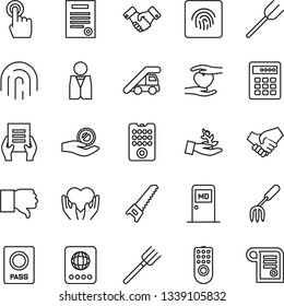 Thin Line Icon Set - passport vector, ladder car, medical room, handshake, document, garden fork, farm, saw, heart hand, touch screen, finger down, fingerprint id, contract, waiter, remote control