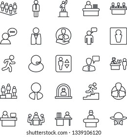 Thin Line Icon Set - passport control vector, elevator, male, reception, manager, speaking man, pedestal, team, place, run, support, client, speaker, desk, meeting, career ladder, estate agent