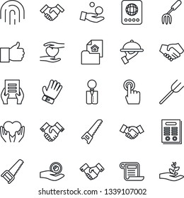 Thin Line Icon Set - passport vector, handshake, document, garden fork, farm, glove, saw, heart hand, touch screen, finger up, fingerprint id, contract, estate, waiter, investment, palm sproute