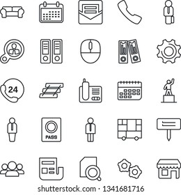 Thin Line Icon Set - passport vector, manager, gear, pedestal, office binder, mouse, plant label, 24 hours, term, consolidated cargo, radio phone, call, settings, mail, news, document search, group