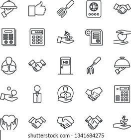 Thin Line Icon Set - passport vector, medical room, handshake, garden fork, heart hand, client, finger up, contract, waiter, combination lock, palm sproute, investment