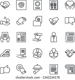Thin Line Icon Set - passport vector, ladder car, document, glove, heart hand, client, touch screen, finger up, down, fingerprint id, handshake, contract, estate, waiter, combination lock