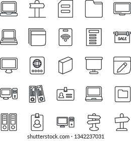 Thin Line Icon Set - passport vector, identity, office binder, document, signpost, monitor, laptop pc, folder, notes, presentation board, blank box, notebook, sale, pass card, guidepost