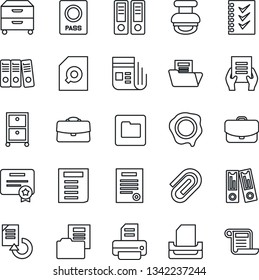 Thin Line Icon Set - passport vector, office binder, document, reload, stamp, printer, news, folder, case, paper clip, search, checklist, tray, archive box, contract, certificate