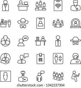 Thin Line Icon Set - passport control vector, elevator, male, reception, speaking man, pedestal, team, manager place, doctor, support, client, speaker, identity card, desk, meeting, waiter, pass