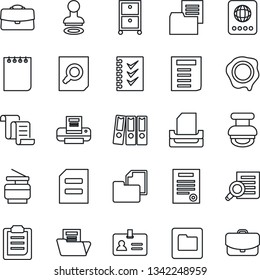 Thin Line Icon Set - passport vector, identity, stamp, contract, document search, notepad, folder, clipboard, case, checklist, paper binder, printer, tray, archive box, copier