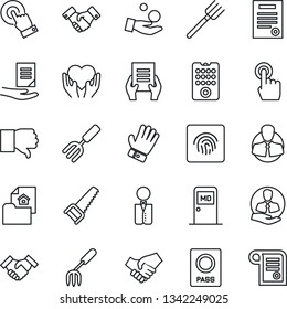 Thin Line Icon Set - passport vector, medical room, handshake, document, garden fork, farm, glove, saw, heart hand, client, touch screen, finger down, fingerprint id, contract, estate, waiter