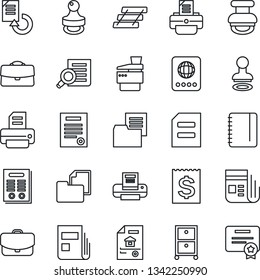 Thin Line Icon Set - passport vector, stamp, document search, notepad, reload, printer, receipt, folder, news, case, paper tray, archive box, copier, contract, estate, certificate