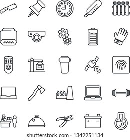Thin Line Icon Set - passport control vector, pruner, glove, axe, thermometer, barbell, clock, satellite, laptop pc, paper pin, battery, hdmi, fingerprint id, notebook, crane, factory, dish, knife