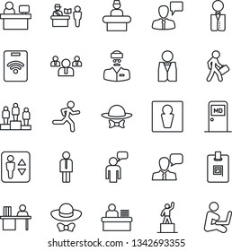 Thin Line Icon Set - passport control vector, elevator, male, reception, medical room, manager, speaking man, pedestal, team, place, run, doctor, speaker, identity card, desk, waiter, dress code