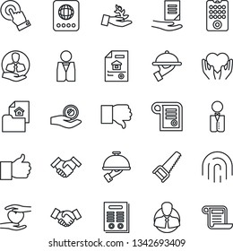 Thin Line Icon Set - passport vector, handshake, document, saw, heart hand, client, touch screen, finger up, down, fingerprint id, contract, estate, waiter, remote control, palm sproute, investment