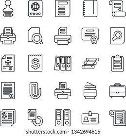 Thin Line Icon Set - passport vector, identity, stamp, office binder, document search, notepad, reload, printer, contract, receipt, clipboard, case, paper clip, tray, copier, estate, certificate