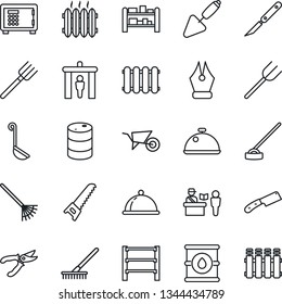 Thin Line Icon Set - passport control vector, security gate, safe, trowel, farm fork, rake, wheelbarrow, pruner, saw, hoe, scalpel, oil barrel, rack, ink pen, heater, dish, ladle, knife, radiator
