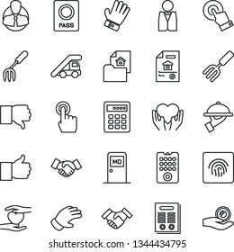 Thin Line Icon Set - passport vector, ladder car, medical room, handshake, garden fork, glove, heart hand, client, touch screen, finger up, down, fingerprint id, contract, estate document, waiter