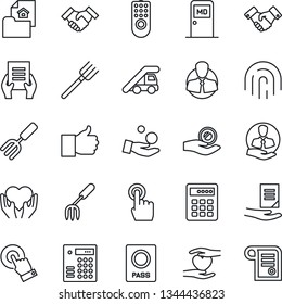 Thin Line Icon Set - passport vector, ladder car, medical room, handshake, document, garden fork, farm, heart hand, client, touch screen, finger up, fingerprint id, estate, remote control, contract