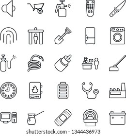 Thin Line Icon Set - passport control vector, security gate, shovel, wheelbarrow, hose, hoe, garden sprayer, stethoscope, patch, tomography, clock, speaker, remote, battery, rca, fingerprint id, pc