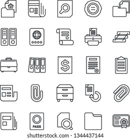 Thin Line Icon Set - passport vector, office binder, document search, reload, stamp, printer, contract, receipt, folder, news, clipboard, case, paper clip, tray, archive box, estate, certificate