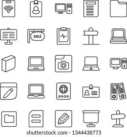 Thin Line Icon Set - passport vector, identity, office binder, notebook pc, document, pulse clipboard, signpost, laptop, folder, notes, photo gallery, presentation board, blank box, sale, pass card