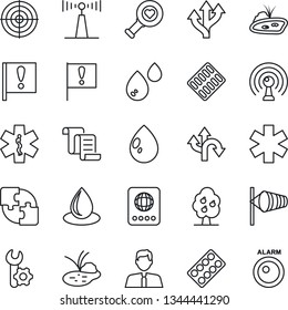 Thin Line Icon Set - passport vector, wind, contract, water drop, pond, heart diagnostic, pills blister, ambulance star, route, important flag, antenna, application, root setup, target, fruit tree