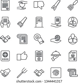 Thin Line Icon Set - passport vector, medical room, handshake, document, garden fork, farm, saw, heart hand, client, touch screen, finger up, down, fingerprint id, contract, estate, waiter