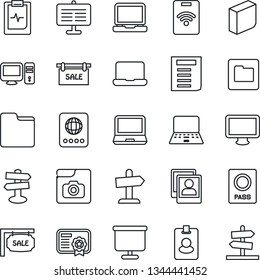 Thin Line Icon Set - passport vector, notebook pc, document, pulse clipboard, signpost, monitor, laptop, folder, photo gallery, presentation board, blank box, sale, pass card, certificate, guidepost