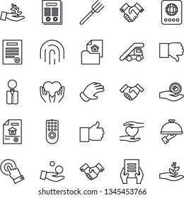 Thin Line Icon Set - passport vector, ladder car, handshake, document, farm fork, glove, heart hand, touch screen, finger up, down, fingerprint id, contract, estate, waiter, remote control