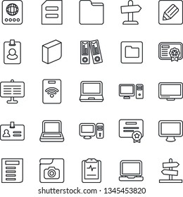 Thin Line Icon Set - passport vector, identity, office binder, document, pulse clipboard, monitor, laptop pc, folder, notes, photo gallery, presentation board, blank box, notebook, pass card