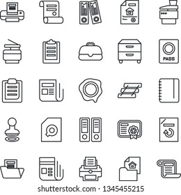 Thin Line Icon Set - passport vector, stamp, office binder, notepad, document reload, contract, news, clipboard, folder, search, printer, paper tray, archive box, copier, estate, case, certificate