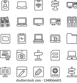 Thin Line Icon Set - passport vector, office binder, notebook pc, document, pulse clipboard, signpost, monitor, laptop, folder, notes, photo gallery, presentation board, pass card, certificate
