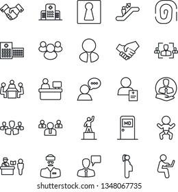 Thin Line Icon Set - passport control vector, escalator, female, baby, medical room, handshake, speaking man, pedestal, team, manager place, hospital, doctor, patient, pregnancy, client, speaker, hr