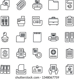 Thin Line Icon Set - passport vector, identity, office binder, notepad, document, reload, printer, receipt, folder, clipboard, case, paper clip, news, tray, copier, contract, stamp, estate