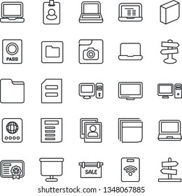 Thin Line Icon Set - passport vector, notebook pc, document, signpost, monitor, laptop, folder, photo gallery, presentation board, blank box, sale, pass card, certificate, guidepost