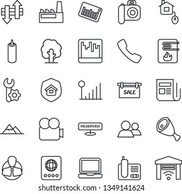 Thin Line Icon Set - passport vector, tree, client, barcode, camera, news, video, laptop pc, radio phone, group, call, scanner, data exchange, cellular signal, root setup, mountains, sale, factory